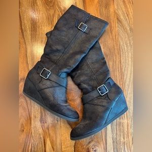 Black knee high wedge boots